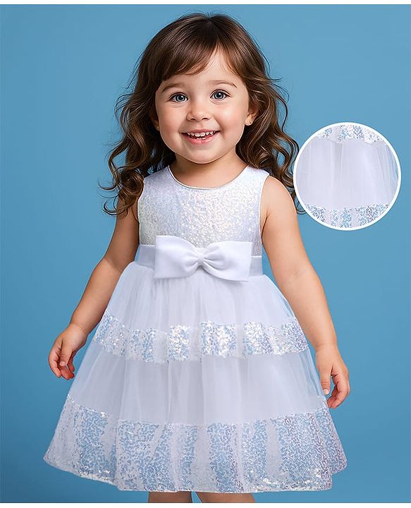 Babyhug Woven Sleeveless Mesh Party Dress with Sequin Detailing & Bow Applique - White