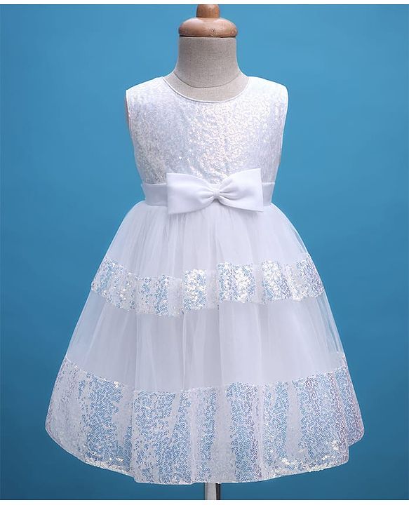 Babyhug Woven Sleeveless Mesh Party Dress with Sequin Detailing & Bow Applique - White