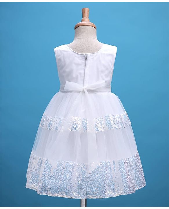 Babyhug Woven Sleeveless Mesh Party Dress with Sequin Detailing & Bow Applique - White