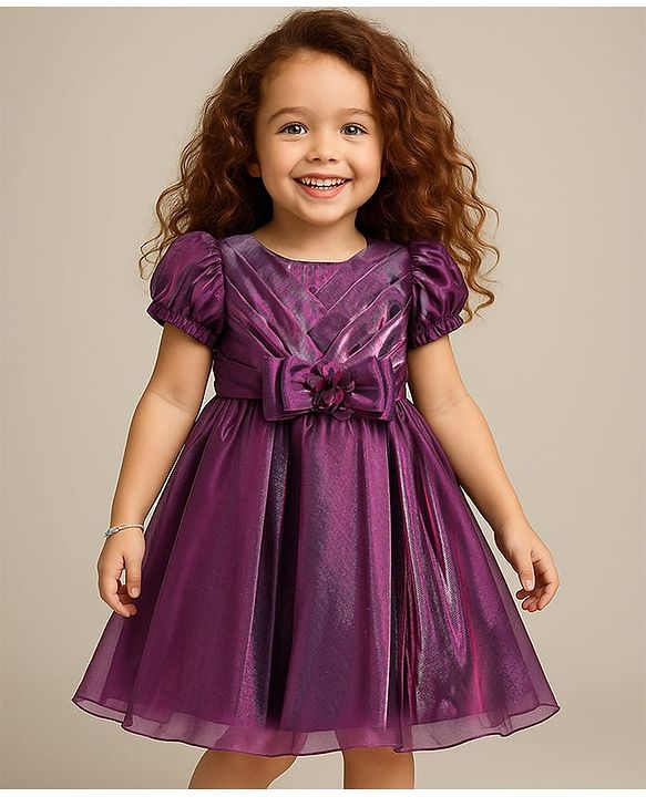 Babyhug Woven Puffed Sleeves Solid Colour Party Dress with Bow - Wine