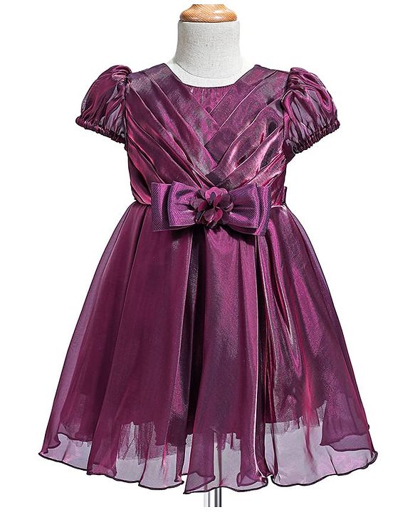 Babyhug Woven Puffed Sleeves Solid Colour Party Dress with Bow - Wine