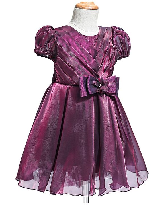 Babyhug Woven Puffed Sleeves Solid Colour Party Dress with Bow - Wine
