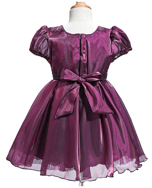 Babyhug Woven Puffed Sleeves Solid Colour Party Dress with Bow - Wine
