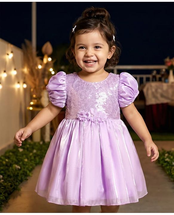 Babyhug Woven Half Sleeves Party Dress With Sequinned Yoke & Floral Corsage - Lavender