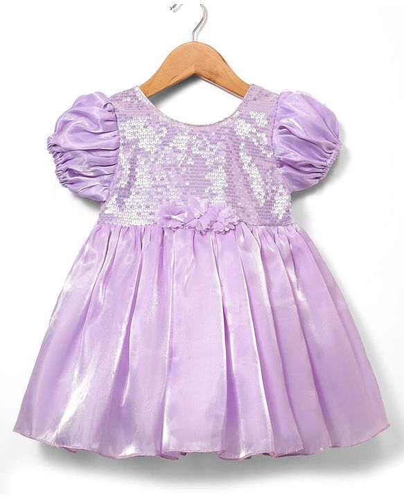 Babyhug Woven Half Sleeves Party Dress With Sequinned Yoke & Floral Corsage - Lavender