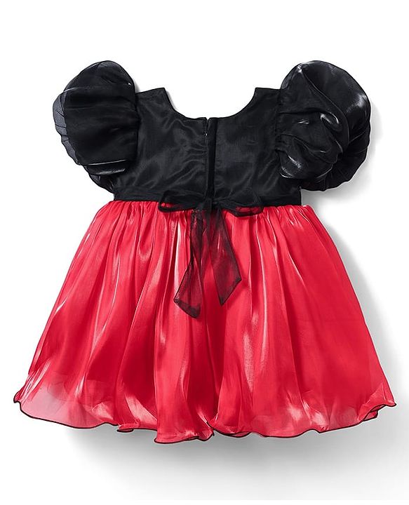 Babyhug Woven Half Sleeves Party Dress With Sequinned Yoke & Bow Applique - Black