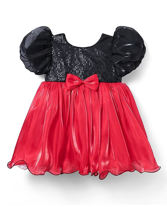 Babyhug Woven Half Sleeves Party Dress With Sequinned Yoke & Bow Applique - Black
