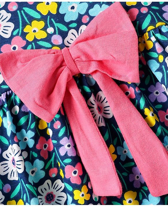 Babyhug Single Jersey Knit Half Sleeves Frock & Bloomer with Floral Print & Bow Applique - Navy Blue