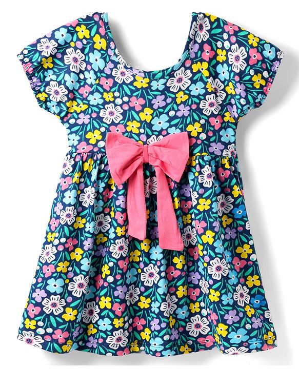Babyhug Single Jersey Knit Half Sleeves Frock & Bloomer with Floral Print & Bow Applique - Navy Blue