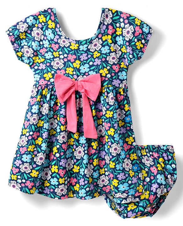 Babyhug Single Jersey Knit Half Sleeves Frock & Bloomer with Floral Print & Bow Applique - Navy Blue