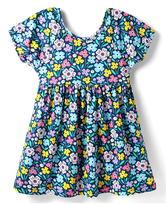 Babyhug Single Jersey Knit Half Sleeves Frock & Bloomer with Floral Print & Bow Applique - Navy Blue
