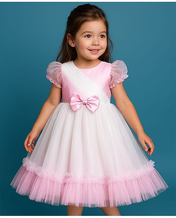 Babyhug Woven Half Puffed Sleeves Mesh Party Dress with Bow Applique - White & Pink