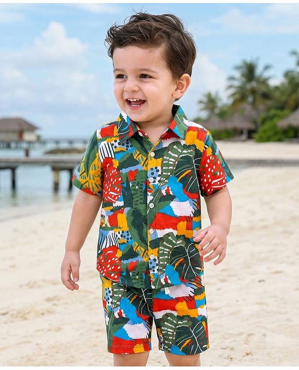 Babyhug Single Jersey Knit Half Sleeves Co-ords Shirt & Shorts Set with Tropical Theme Print - Multicolor
