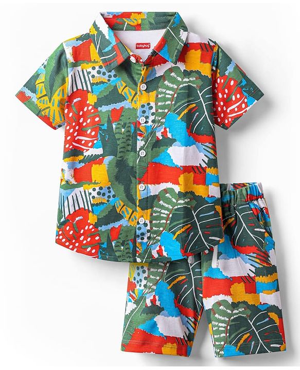 Babyhug Single Jersey Knit Half Sleeves Co-ords Shirt & Shorts Set with Tropical Theme Print - Multicolor