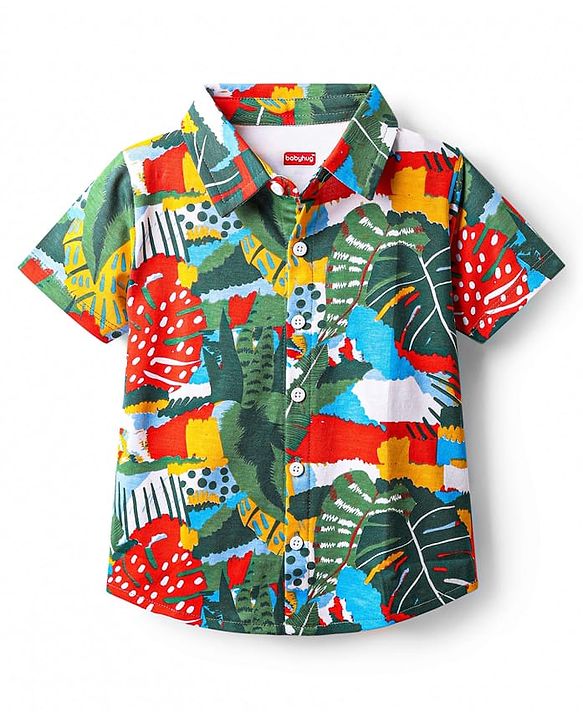 Babyhug Single Jersey Knit Half Sleeves Co-ords Shirt & Shorts Set with Tropical Theme Print - Multicolor
