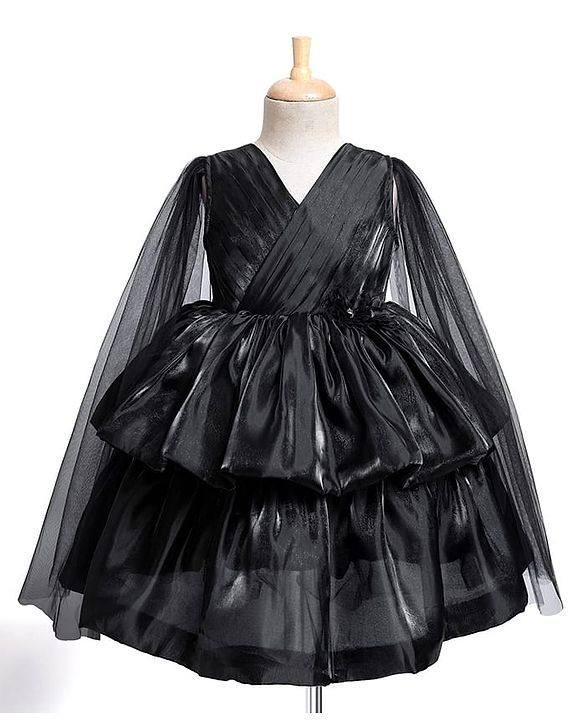 Babyhug Woven Full Cape Sleeves Tiered Party Dress With Floral Corsage & Pin Tuck Detailing - Black