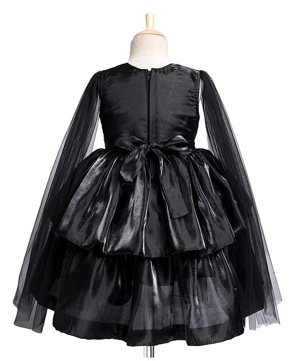 Babyhug Woven Full Cape Sleeves Tiered Party Dress With Floral Corsage & Pin Tuck Detailing - Black