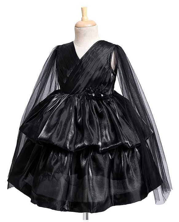 Babyhug Woven Full Cape Sleeves Tiered Party Dress With Floral Corsage & Pin Tuck Detailing - Black