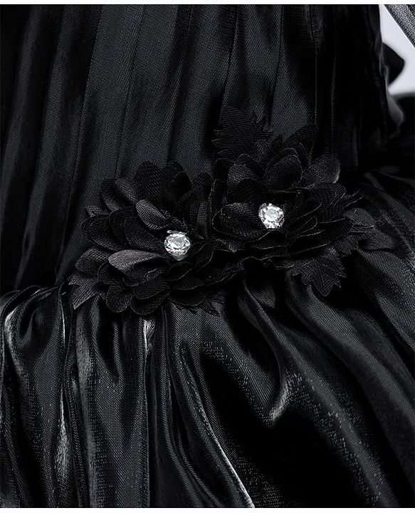 Babyhug Woven Full Cape Sleeves Tiered Party Dress With Floral Corsage & Pin Tuck Detailing - Black