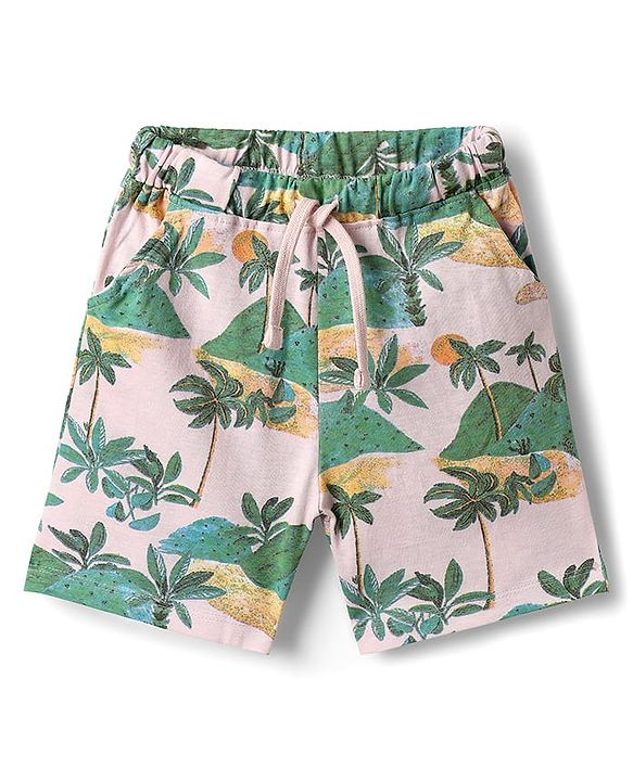 Babyhug Single Jersey Knit Half Sleeves Co-ords Shirt & Shorts Set With Tropical Theme Print - Multicolour