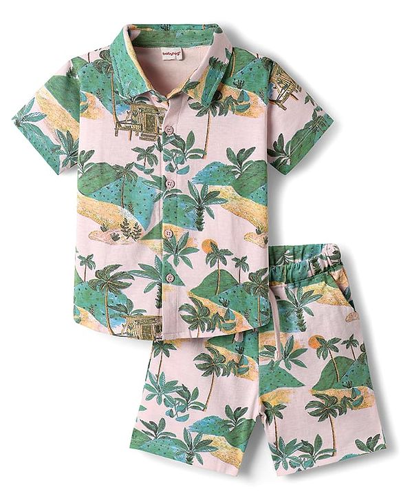 Babyhug Single Jersey Knit Half Sleeves Co-ords Shirt & Shorts Set With Tropical Theme Print - Multicolour