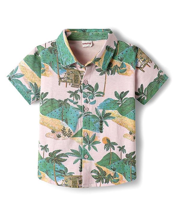 Babyhug Single Jersey Knit Half Sleeves Co-ords Shirt & Shorts Set With Tropical Theme Print - Multicolour