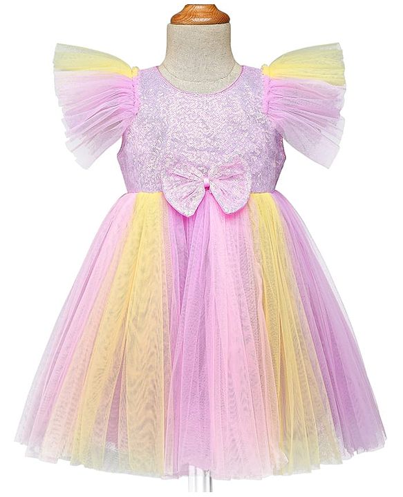 Babyhug Woven Frill Sleeves Party Dress With Sequinned Yoke & Bow Applique - Lavender