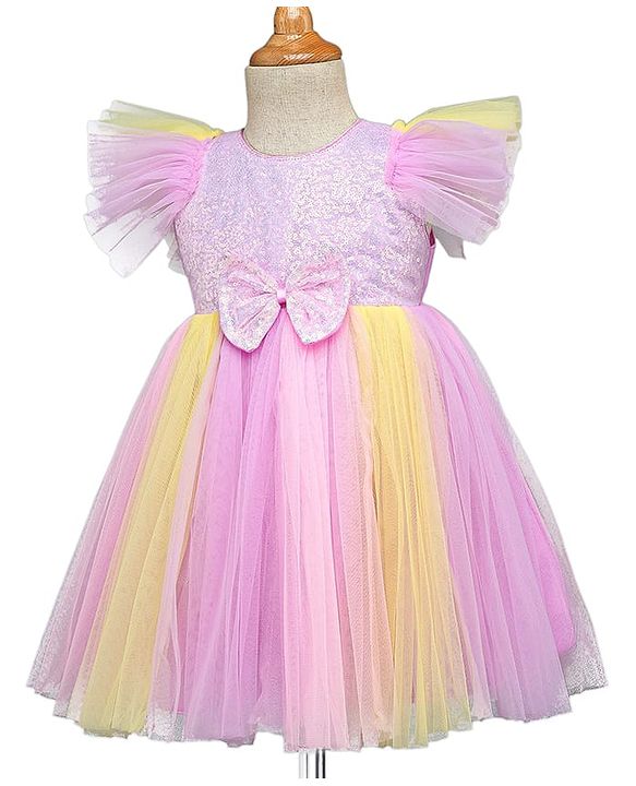 Babyhug Woven Frill Sleeves Party Dress With Sequinned Yoke & Bow Applique - Lavender