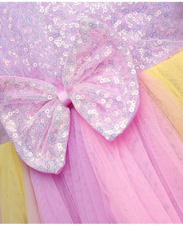 Babyhug Woven Frill Sleeves Party Dress With Sequinned Yoke & Bow Applique - Lavender