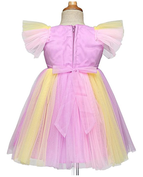 Babyhug Woven Frill Sleeves Party Dress With Sequinned Yoke & Bow Applique - Lavender