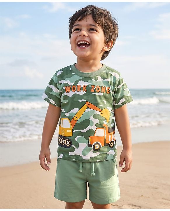 Babyhug Single Jersey Knit Half Sleeves T-Shirt & Shorts Set With Vehicle & Camouflage Print - Green