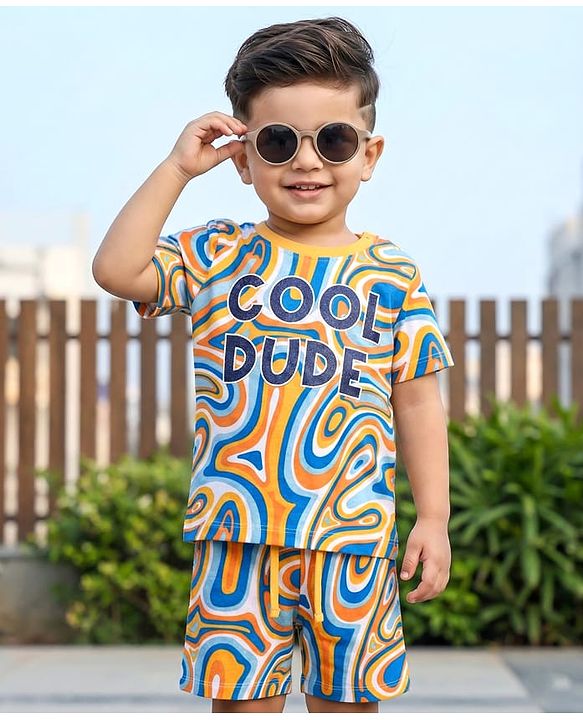 Babyhug Single Jersey Knit Half Sleeves Co-ords T-Shirt & Short Set With Abstract Print - Multicolour