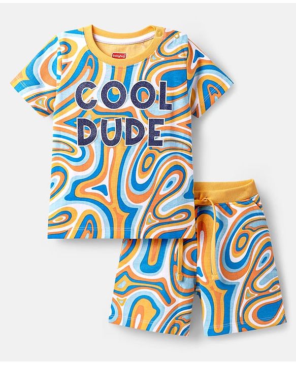 Babyhug Single Jersey Knit Half Sleeves Co-ords T-Shirt & Short Set With Abstract Print - Multicolour