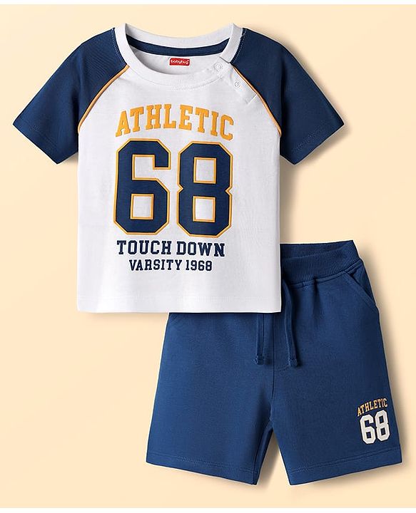 Babyhug Single Jersey Knit Half Raglan Sleeves T-Shirt & Short Set With Text Print - Navy Blue & White