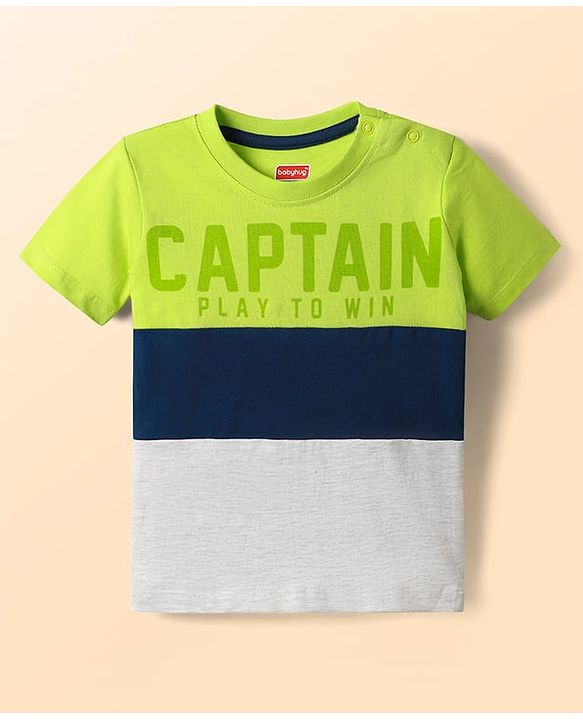Babyhug Single Jersey Knit Half Sleeves Cut & Sew T-Shirt & Shorts Set with Text Print - Navy Blue