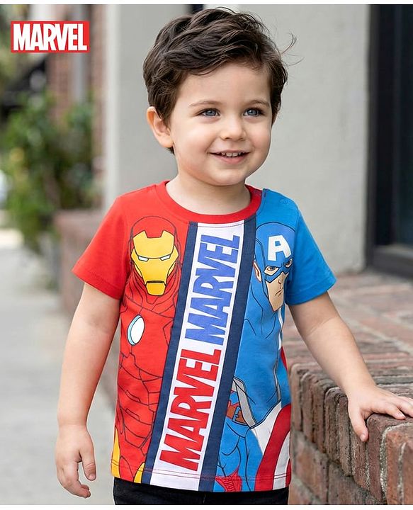 Babyhug Marvel Single Jersey Knit Half Sleeves Cut & Sew T-Shirt with Avengers Graphics - Red & Blue