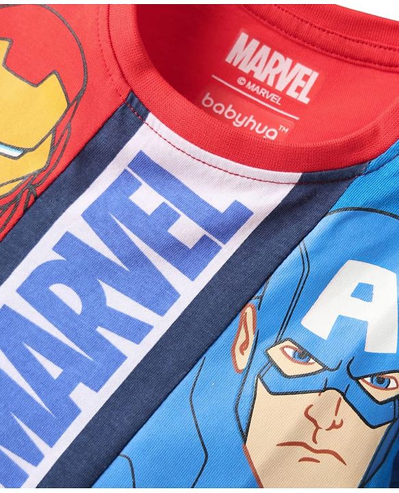 Babyhug Marvel Single Jersey Knit Half Sleeves Cut & Sew T-Shirt with Avengers Graphics - Red & Blue