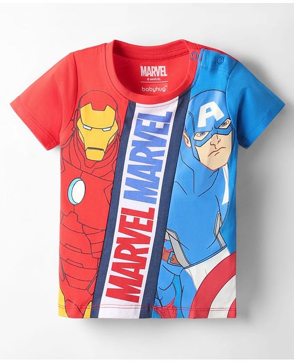 Babyhug Marvel Single Jersey Knit Half Sleeves Cut & Sew T-Shirt with Avengers Graphics - Red & Blue