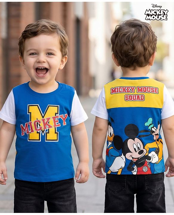 Babyhug Disney Single Jersey Knit Half Sleeves T-Shirt with Front & Back Mickey & Friends Graphics - Blue