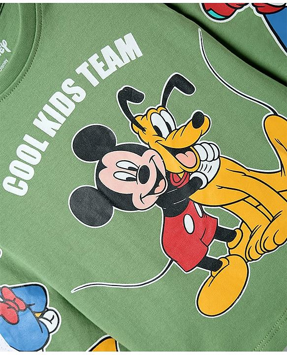 Babyhug Disney Single Jersey Knit Full Sleeve T-Shirt And Joggers With Mickey & Friends Graphics - Olive Green