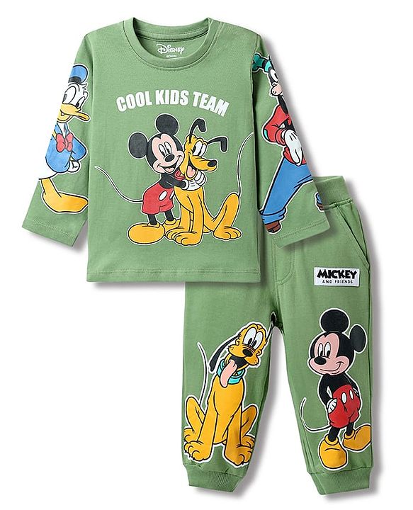 Babyhug Disney Single Jersey Knit Full Sleeve T-Shirt And Joggers With Mickey & Friends Graphics - Olive Green