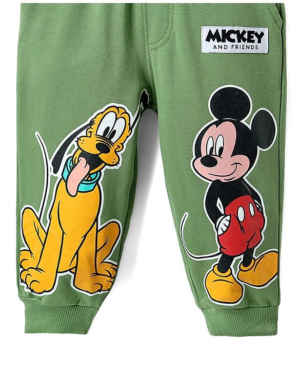Babyhug Disney Single Jersey Knit Full Sleeve T-Shirt And Joggers With Mickey & Friends Graphics - Olive Green