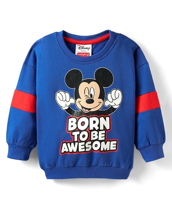 Babyhug Disney Terry Knit Full Sleeves Drop Shoulder Cut T-Shirt & Lounge Pant Set With Mickey Mouse Graphics - Royal Blue & Red