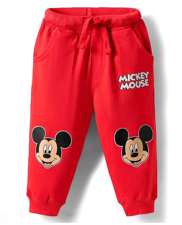 Babyhug Disney Terry Knit Full Sleeves Drop Shoulder Cut T-Shirt & Lounge Pant Set With Mickey Mouse Graphics - Royal Blue & Red