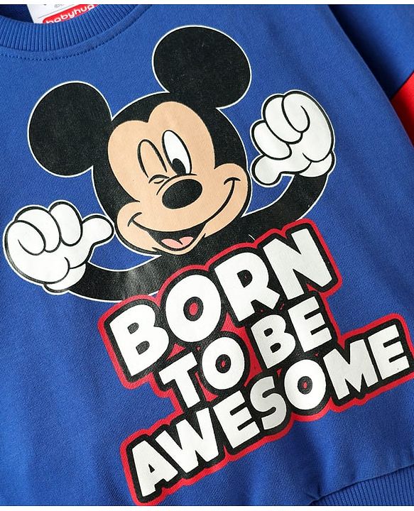 Babyhug Disney Terry Knit Full Sleeves Drop Shoulder Cut T-Shirt & Lounge Pant Set With Mickey Mouse Graphics - Royal Blue & Red