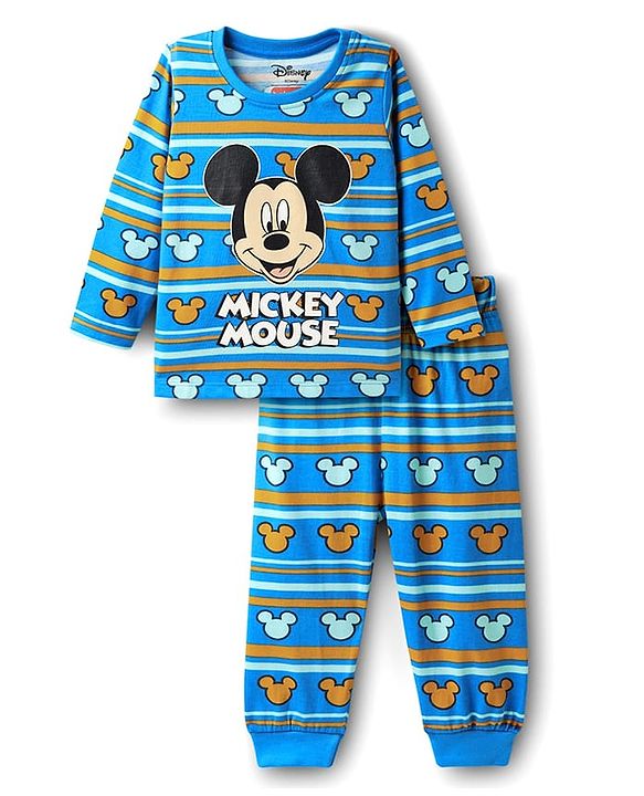 Babyhug Disney Single Jersey Knit Full Sleeves Night Suit With Mickey Mouse Graphics - Blue