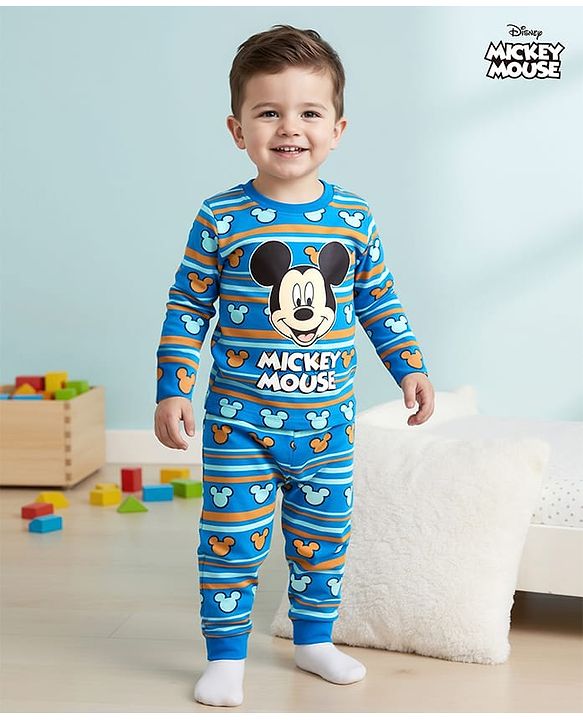 Babyhug Disney Single Jersey Knit Full Sleeves Night Suit With Mickey Mouse Graphics - Blue