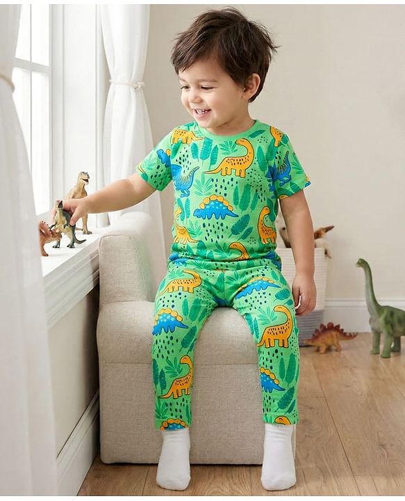 Babyhug Cotton Knit Half Sleeves Co-Ord Night Suit With Dino Print - Green