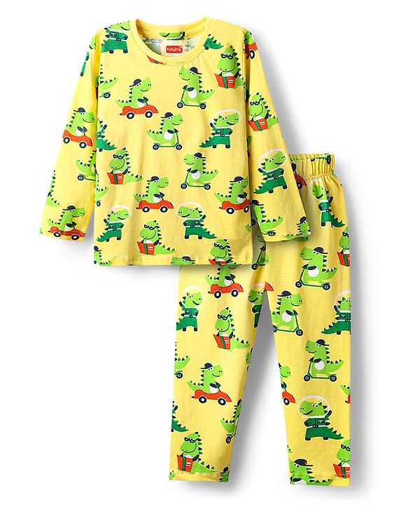 Babyhug Cotton Knit Full Sleeves Co-Ords Night Suit With Dino Print - Yellow