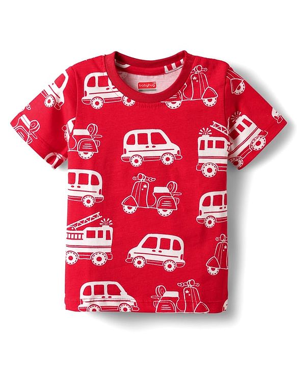 Babyhug Cotton Knit Half Sleeves Co-ord Night Suit with Vehicle Print - Red